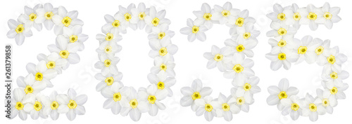 Inscription 2035, from natural white flowers of Daffodil (narcissus), isolated on white background