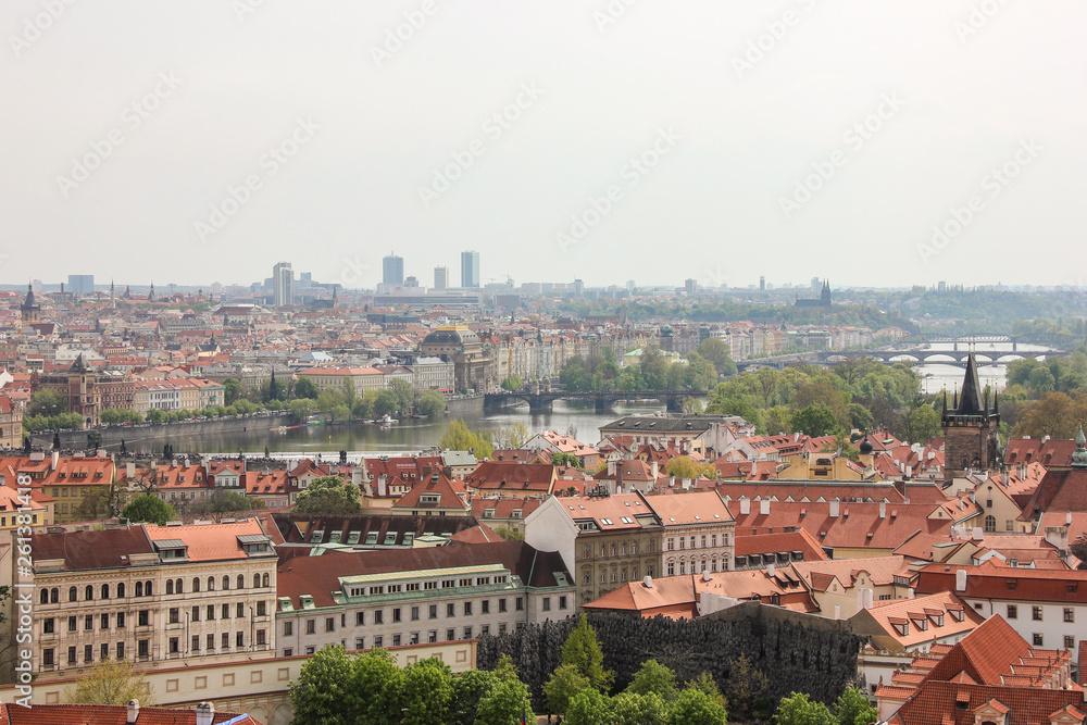 Amazing scenic view from Prague castle to historical center of Prague, buildings and landmarks of old town. Horizon endless view