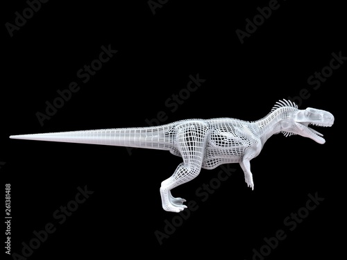 3d rendering of a white wired dino isoalted on black background