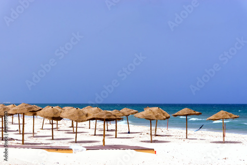 Empty Beach Covered with Umbrellas in Sousse  Tunisia.