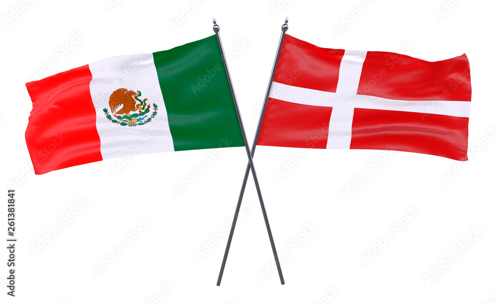 Mexico and Denmark, two crossed flags isolated on white background. 3d image Mexico and Denmark, two crossed flags isolated on white background. 3d image
