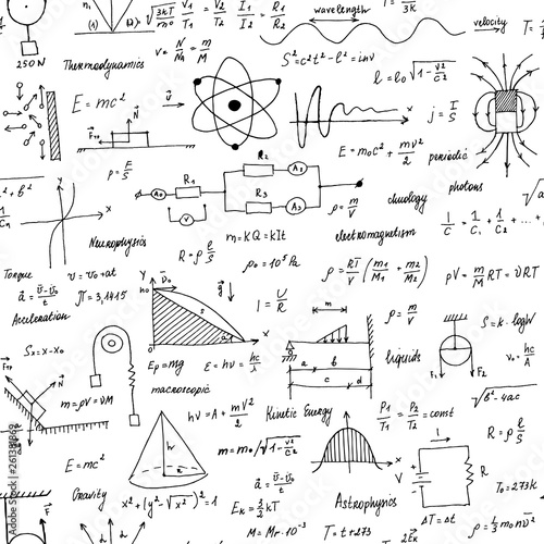 Physics Formulas. Seamless texture. School blackboard with the formulas and equations.