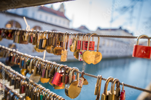 Love locks on a bridge in Europe. Ljubljana , Slovenia photo