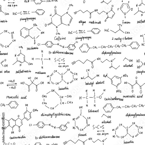 Organic compounds. Seamless texture. Sketch of the school blackboard with the chemestry organic compound. Organic chemistry.