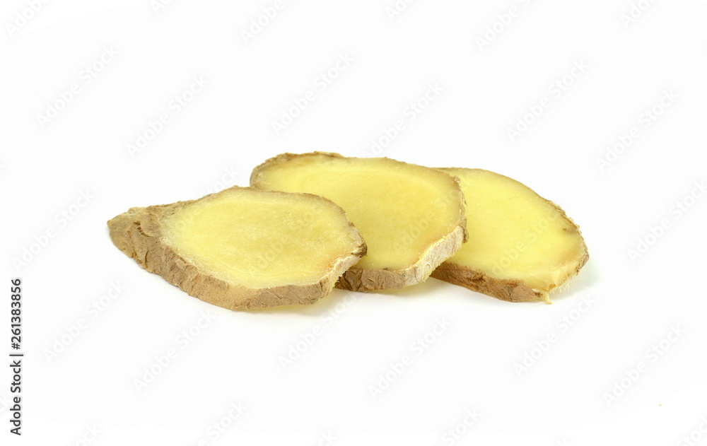 Ginger isolated. Fresh ginger on white background, raw material for cooking. Herb medical concept. Ginger slices isolated on white. Ginger isolated. Fresh ginger on white background, raw material for cooking. Herb medical concept. Ginger slices isolated on white.
