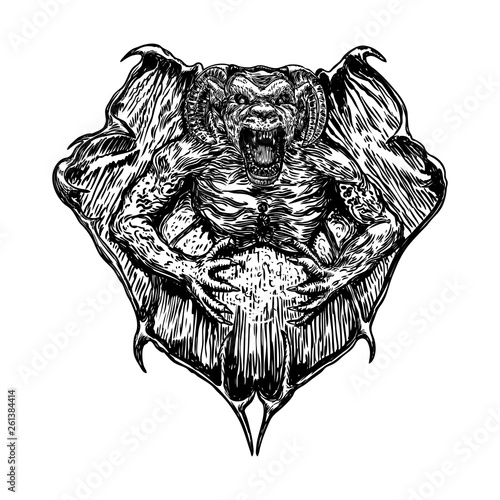 Mythological ancient creatures animals with bat like wings. and horn. Mythical gargoyle with sharp fangs teeth and nails or claws in seating position. Engraved hand drawn sketch. Vector.