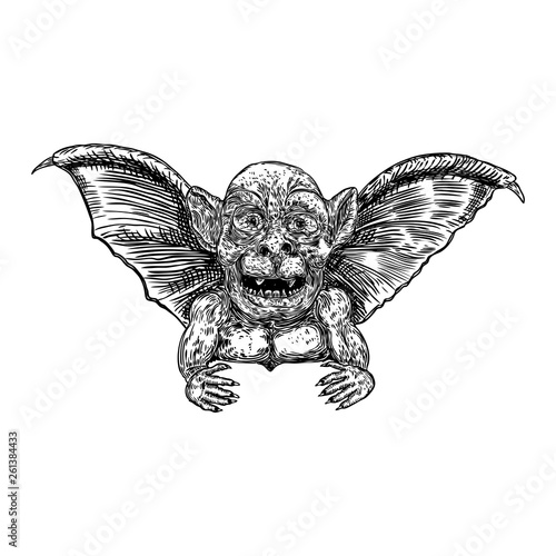 Mythological ancient gargoyle creatures human and dragon like chimera with bat wings. Mythical gargouille with sharp fangs and claws. Engraved hand drawn sketch. Vector.