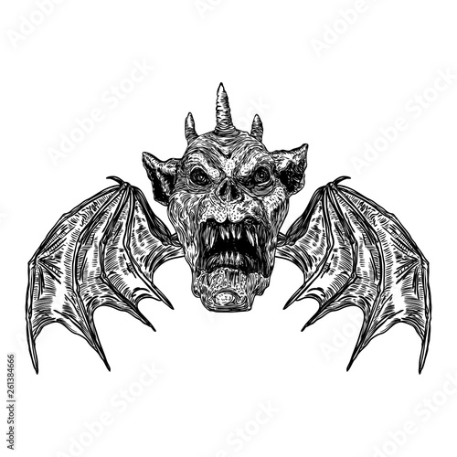 Devil head with big demon horns or antlers and sharp fangs. Satan or Lucifer fallen angel depiction with vampire wings. Gargoyle human like chimera fantastic beast creature with scary face. Vector.