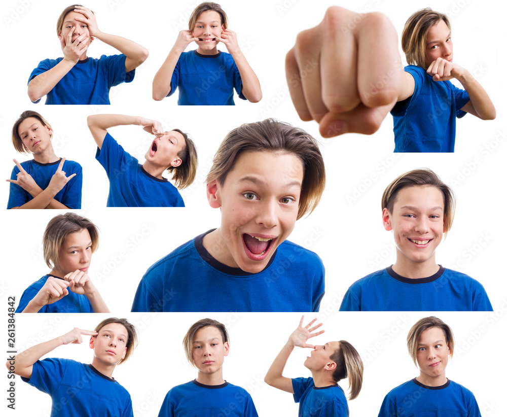 Fototapeta premium attractive teenager making faces on white background close-up