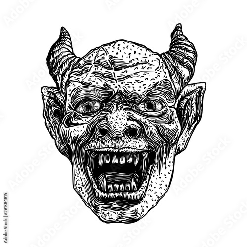 Devil head with big demon horns or antlers and sharp fangs. Satan or Lucifer fallen angel depiction. Gargoyle human like chimera fantastic beast creature with dark scary face. Vector.