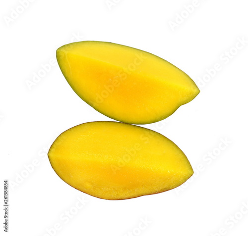 Juicy dessert mango isolated on white background. Sweet Mango slices. 