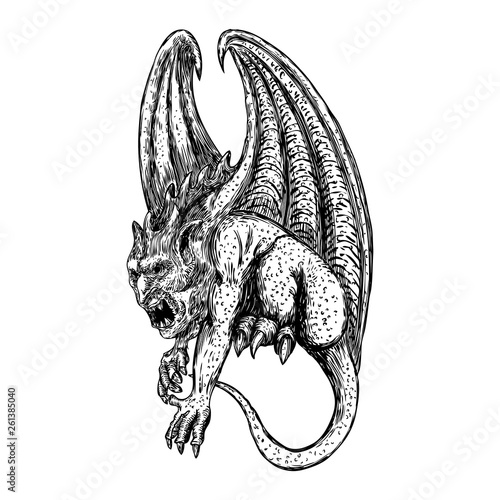 Mythological ancient creatures animals with bat like wings. and horn. Mythical gargoyle with sharp fangs teeth and nails or claws in seating position. Engraved hand drawn sketch. Vector.