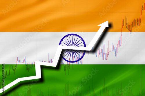 White arrow and stocks chart growth up on the background of the flag of India
