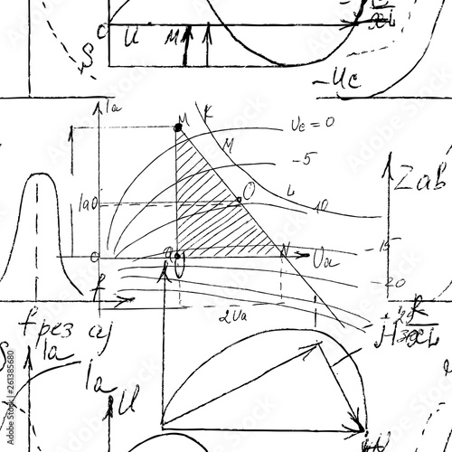 Mathematical seamless texture with handwritten math, algebra and geometry formulas and graphs, functions, calculations and operations. Vector.