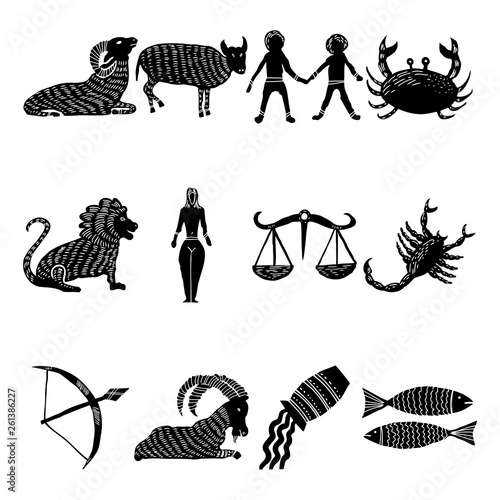 Zodiac for horoscope icon set. Usable for mystic  occult  palmistry and witchcraft alchemy. Vector