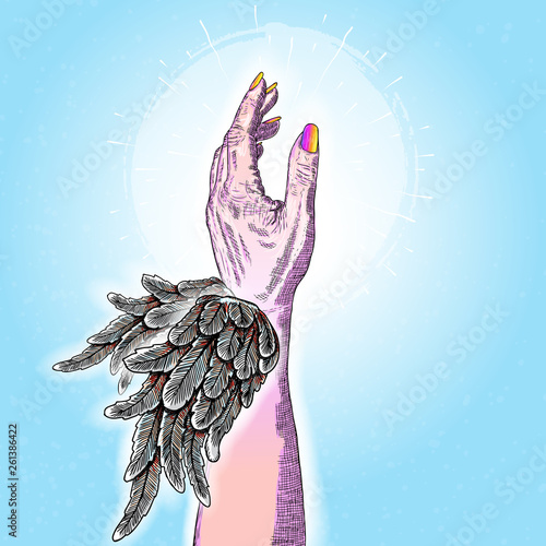 Volunteering hand raised with angel wings on blue sky background. Guardian or saver, helper concept.  Vector