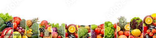 Panorama fruits and vegetables isolated on white background.