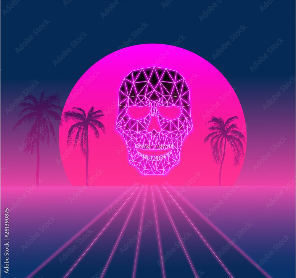 Fototapeta premium Purple and pink spectrum background with palm trees and skull, vaporwave style.