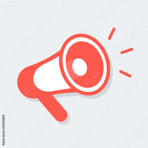 Red loudspeaker sign isolated on grey background.
