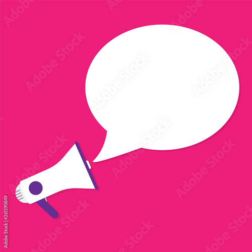 Pink poster with loudspeaker and blank speech bubble.