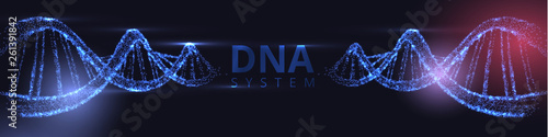 Abstract banner with luminous DNA molecule, neon helix on black background.