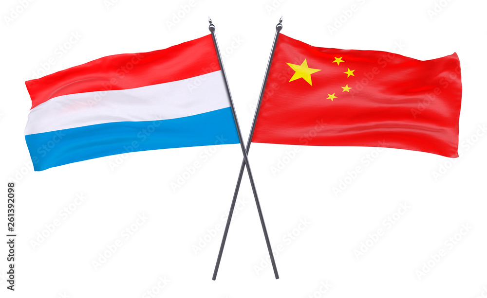 Luxembourg and China, two crossed flags isolated on white background. 3d image Luxembourg and China, two crossed flags isolated on white background. 3d image