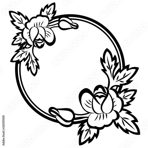 Decorative round flowers frame with black and white roses, monochrome plants, contour. Template for print, invitation and greeting card. Eps10 vector illustration.
