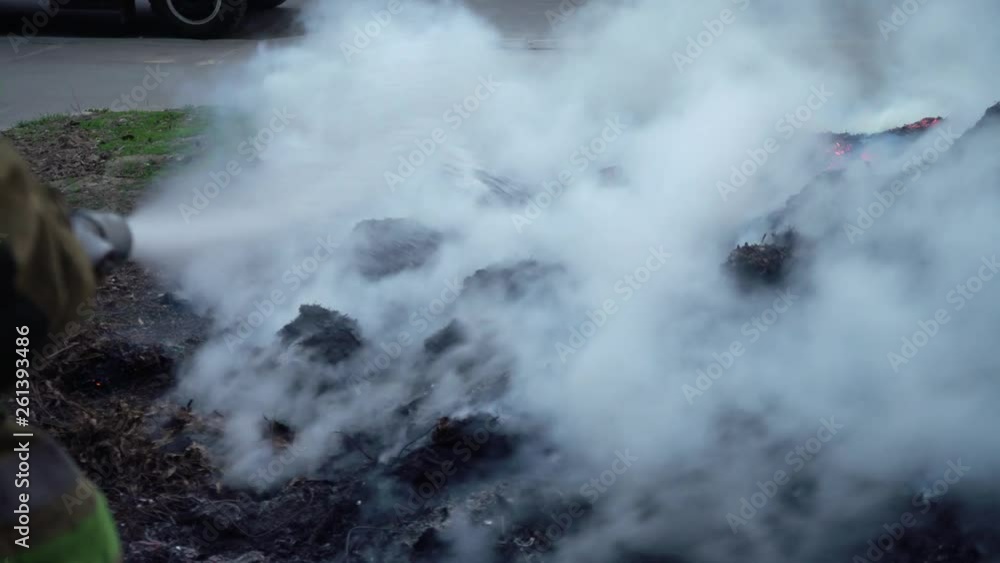 Firefighter puts out the fire. Wildfire extinguishing fire from a fire ...