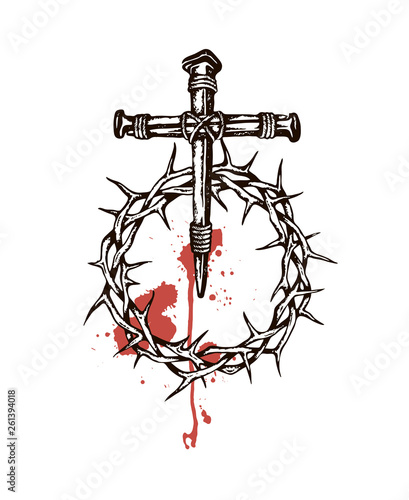 image of jesus nails with thorn crown and blood isolated on white background