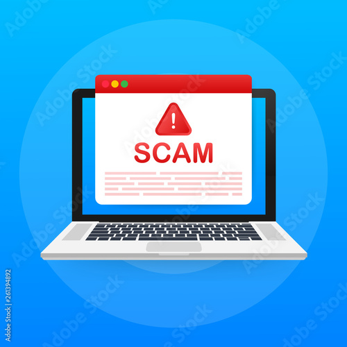 Scam alert. Hacker attack and web security vector concept, phishing scam. Network and internet security. Vector illustration.