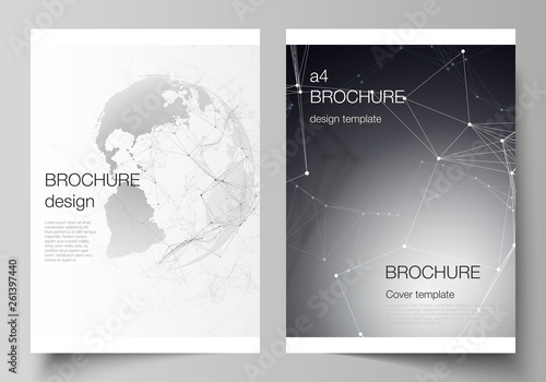 Vector layout of A4 format cover mockups design templates for brochure, flyer, booklet. Futuristic design with world globe, connecting lines and dots. Global network connections, technology concept.