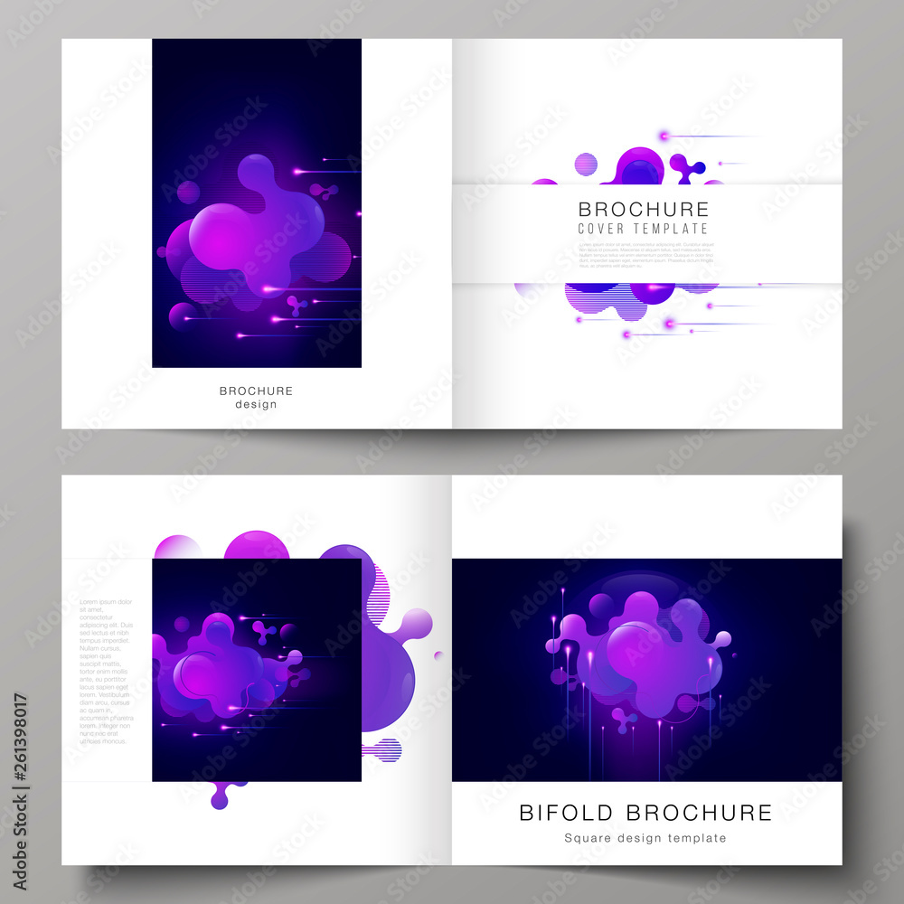 The black colored vector layout of two covers templates for square design bifold brochure, magazine, flyer, booklet. Black background with fluid gradient, liquid blue colored geometric element.