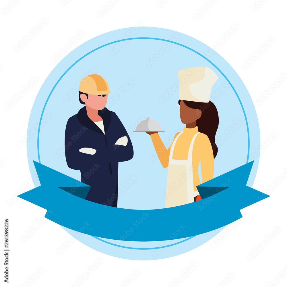 couple of professional workers with ribbon frame couple of professional workers with ribbon frame