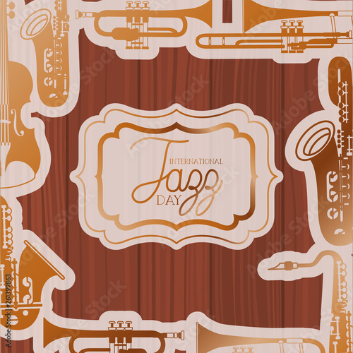 Canvas Print jazz day frame with instruments and wooden background