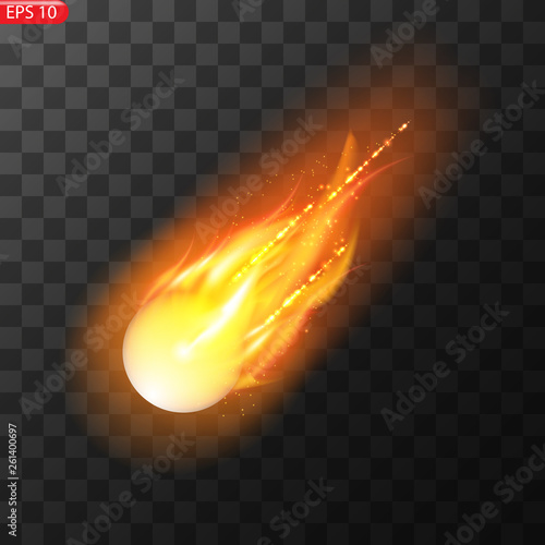Vector illustration of realistic falling comet. Isolated transparent background. Shooting star, meteor