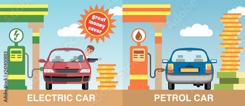 Illustration of a red electric car refueled at a battery charging point and a blue car refueled from a petrol pump, with a sunshine shaped sign claiming "great money saver" for the electric car.