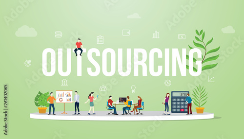 outsourcing business concept big text with people team work working with modern green color - vector