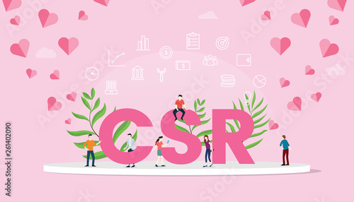 csr corporate social responsibility concept big text with people team work working with modern pink color - vector