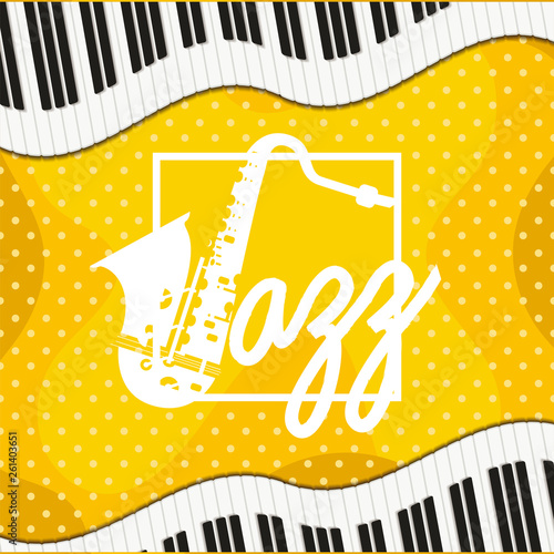 jazz day poster with piano keyboard and saxophone