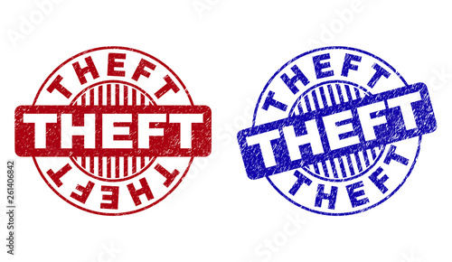 Grunge THEFT round stamp seals isolated on a white background. Round seals with grunge texture in red and blue colors. Vector rubber imprint of THEFT text inside circle form with stripes.