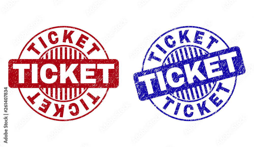 Grunge TICKET round stamps isolated on a white background. Round seals with grunge texture in red and blue colors. Vector rubber imprint of TICKET title inside circle form with stripes. Grunge TICKET round stamps isolated on a white background. Round seals with grunge texture in red and blue colors. Vector rubber imprint of TICKET title inside circle form with stripes.