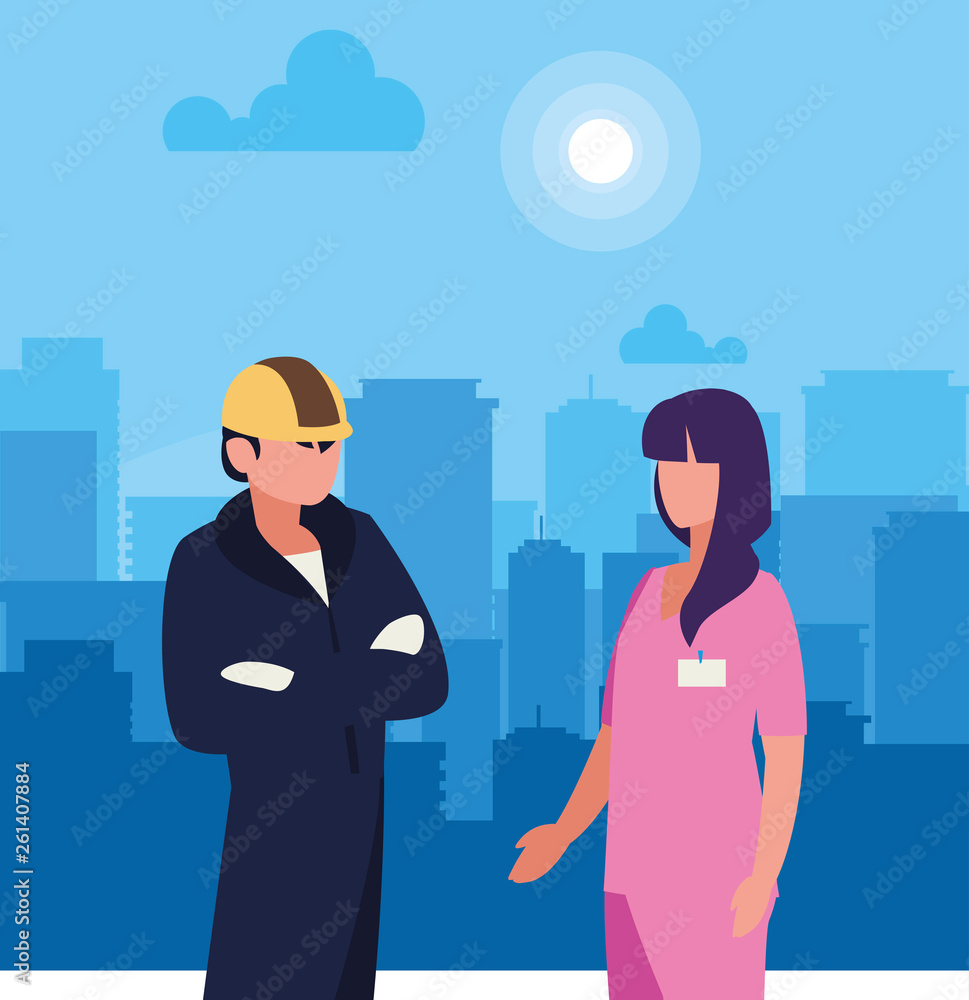 Fototapeta premium couple of professional workers in cityscape at sunrise