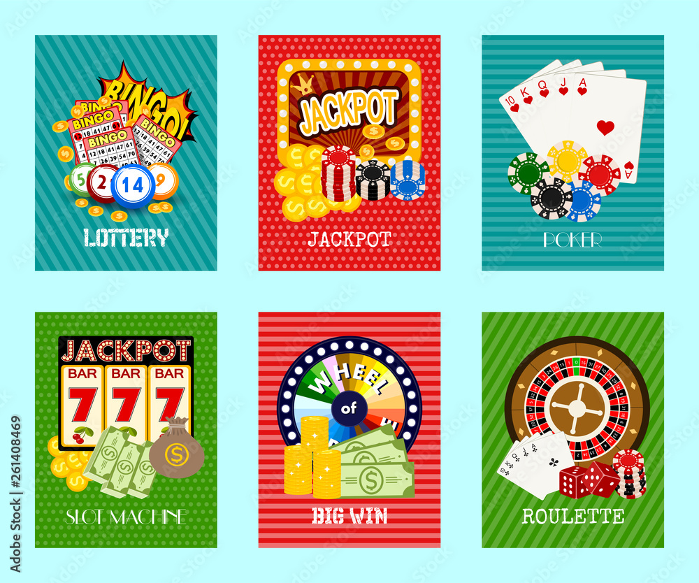 Casino concept set of cards vector illustration. Includes roulette, casino chips, playing cards, winning jackpot. Sack of money, credit card, dice, golden coins. Slot machine.