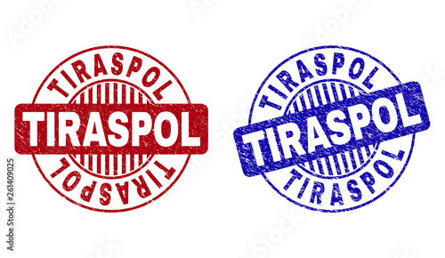 Grunge TIRASPOL round stamp seals isolated on a white background. Round seals with distress texture in red and blue colors. Vector rubber imprint of TIRASPOL text inside circle form with stripes.