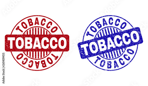 Grunge TOBACCO round stamp seals isolated on a white background. Round seals with grunge texture in red and blue colors. Vector rubber watermark of TOBACCO label inside circle form with stripes.