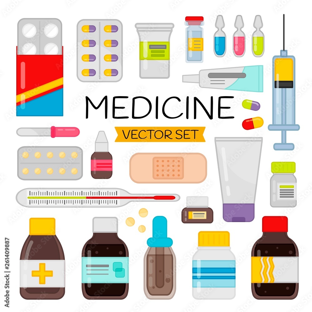 Cartoon medicines set. Vector illustration of tablets, medicines and drugs. Cartoon medicines set. Vector illustration of tablets, medicines and drugs.
