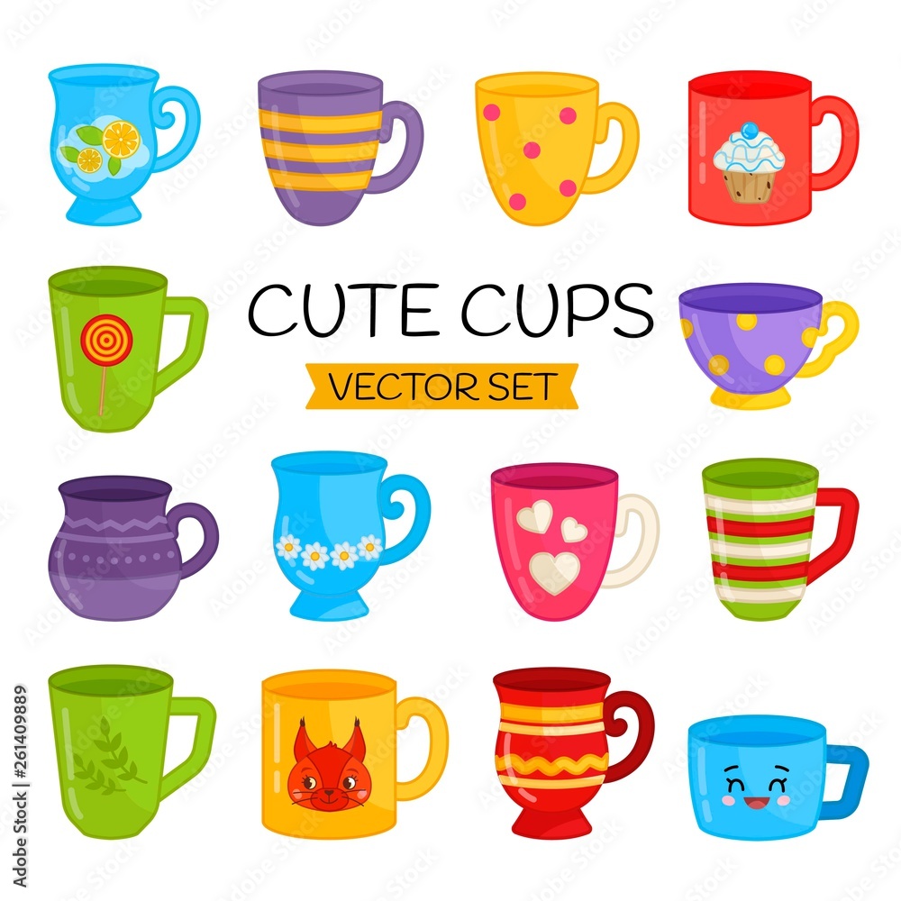 Vector set of cute mugs with different prints. Illustration of mugs in