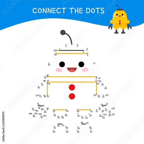 Educational game for kids. Dot to dot game for children. Cartoon cute robot.