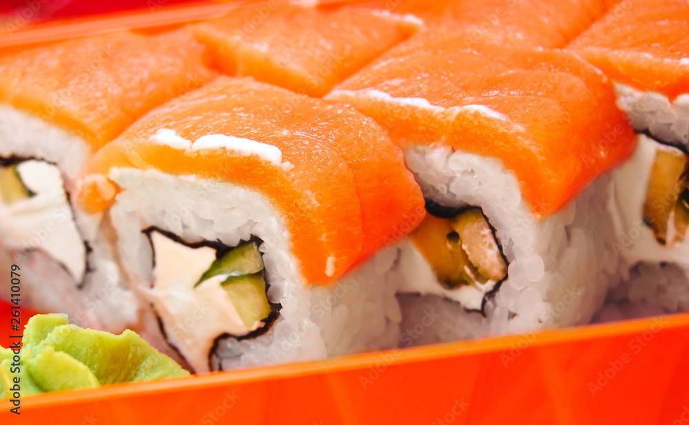 Bright macro philadelphia rolls with wasabi Bright macro philadelphia rolls with wasabi