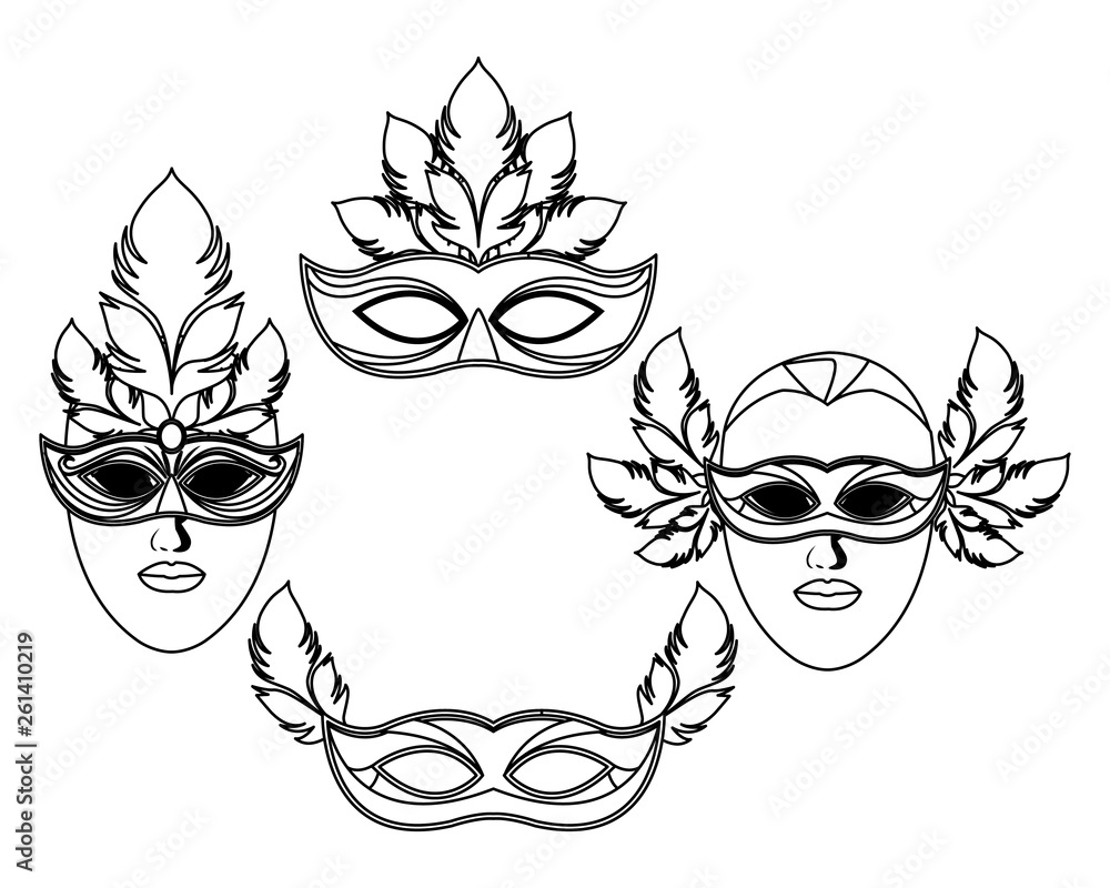 set of masks and feathers black and white set of masks and feathers black and white
